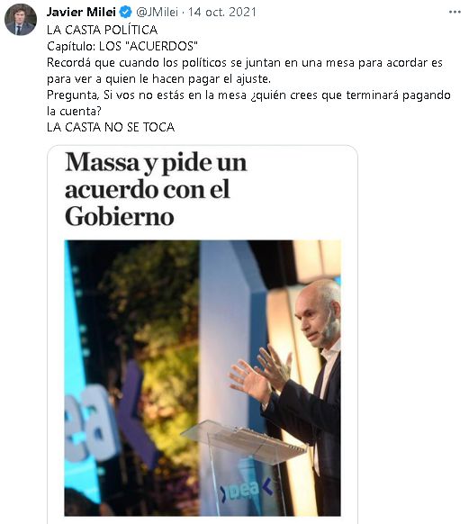 Ejemplo (4): Muestra de Twitter @JMilei (14/10/2021)